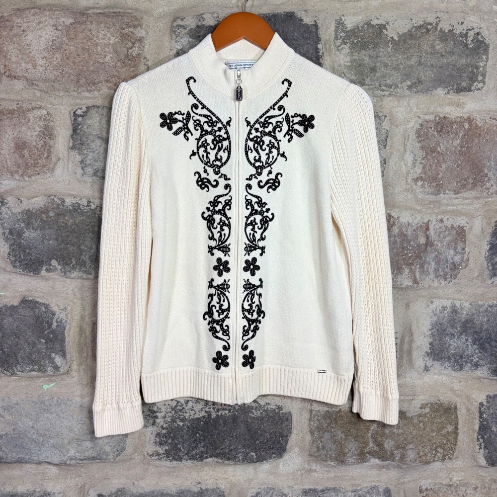 St John Sport Women's Cream Black Embroidered Full Zip Cardigan Sweater‎ Small